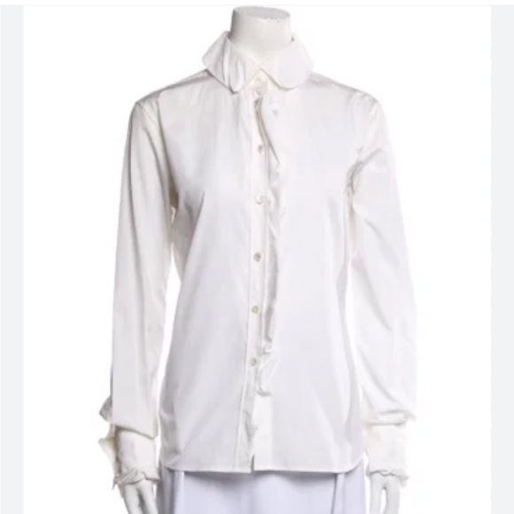 Yves St. Laurent Rive Gauche White button down With Ruffles Sz 42 or 10 #0400 - Picture 1 of 7